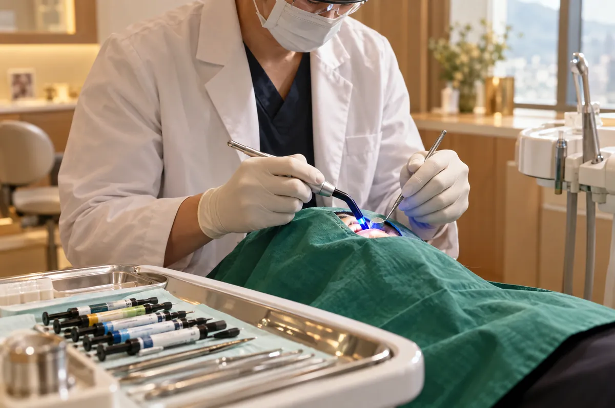 마석 충치치료 설명 이미지 — 광중합기로 레진 충전재를 굳히는 장면